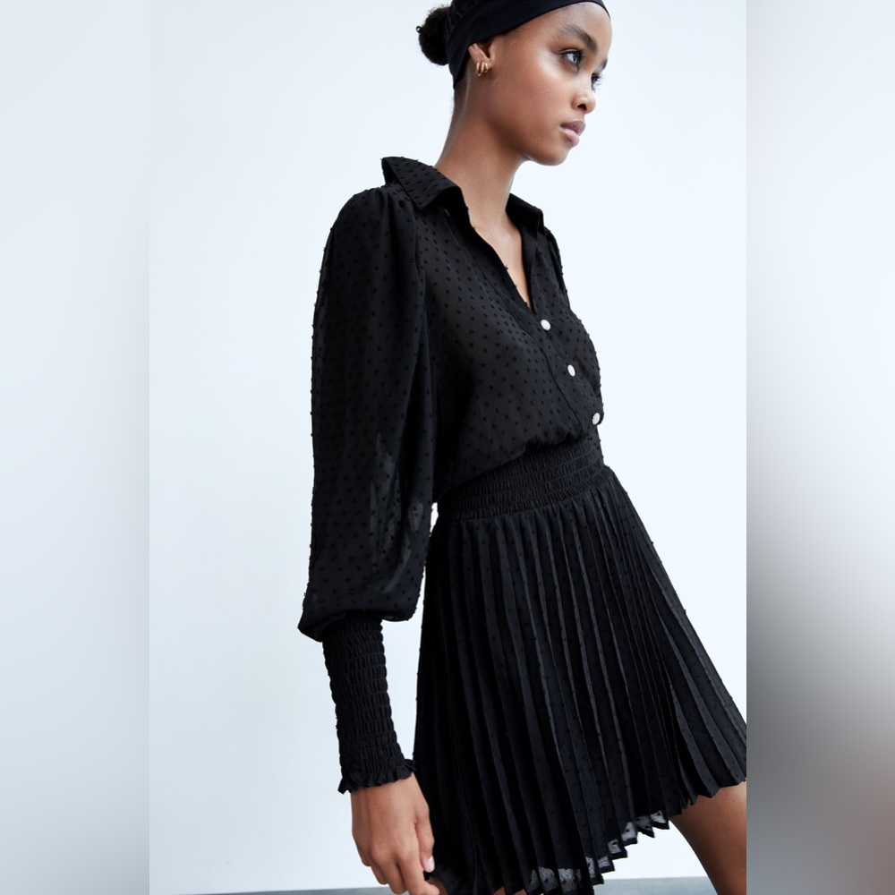 Zara NWT Pleated Dotted Mesh Dress - Size L